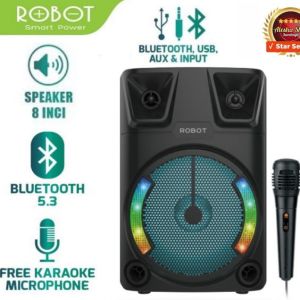 Robot RB350/ RB700 Speaker Bluetooth Karaoke Speaker driver 8 Inch with Wired Microphone Bluetooth5.3 Driver 6.5mm Inch RGB Colorful lights 4 Jam Playtime - Mendukung pemutaran musik dari kartu TF USB 3.5mmAUX dan Bluetooth Garansi Resmi 1 Tahun.