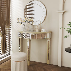 โต๊ะคอนโซลกระจก โต๊ะคอนโซล โมเดิร์น กระจก Artloge Silver Half Moon Mirrored Console Table: 90x35x80.5cm Half-Round Mirrored Entryway Table Modern Curved Sofa Side Table and Sturdy Square Column Legs for Home Decor