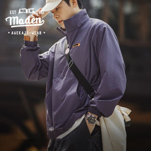 MADEN brand workwear style mens youth 2024 spring new hot selling college style fashionable American retro half zip stand up collar jacket hoodie cityboy sports mens pullover long sleeves