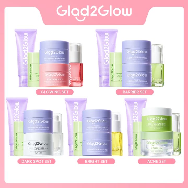 Paket Glad2Glow 5pcs Paket Skincare Set Moisturizer Serum Face Wash Clay Mask Stick Masker - ACNE KIT GLOWING KIT Dark Spot Set Glowing Set Bright Set