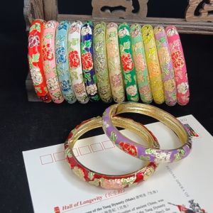 BVRZO Double Bangle Chinese Cloisonne Bracelet Traditional Enamel Womens Hand Bracelet Hawaiian Chinese Peony Filigree Flower Bangle Gifts for Women Girl