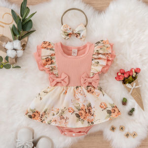 Baby Girl Outfits Set Infant Dress for Baby Girl 0 6 12 18 Months Flying Sleeve Baby Girl Dress with Headband Baby Clothes Set