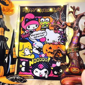 ผ้าพื้นหลังสำหรับถ่ายภาพฮาโลวีน คุโรมิ เฮลโล คิตตี้ ตกแต่งห้องนอนการ์ตูน ผ้าแขวน ins