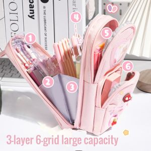 Three Layer Backpack Shape Pencil Case for Girls Primary School Students Large Capacity Cute Cartoon Pen Bag Stationery