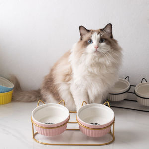 Pet ceramic bowl cat bowl food bowl dog bowl anti-overturning double bowl with iron frame