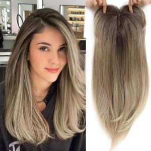 LEKGAVD Straight Layered Hair Topper with Bangs Clip in Ombre Synthetic Hair Toppers Top Hair Bangs Hair Extensions Natural Topper Hairpieces for Women