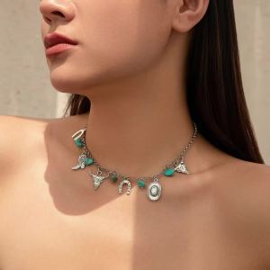 SHIXIN Ethnic Cowboy Hat Bull Head Pendant Necklace for Women Vintage Green Natural Stone Choker Short Necklace Summer Jewelry