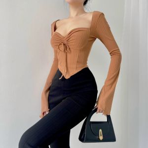 Áo croptop tay dài loe màu đen nữ tính phối eo và dây rút ôm dáng cực đẹp 3 MÀU SIÊU XINH CH0392