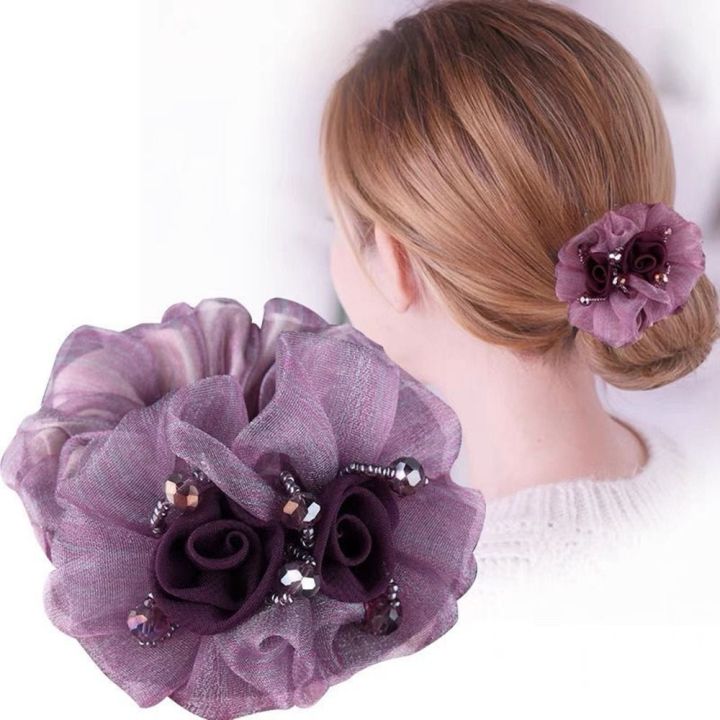 FORUM Girls Simple Elegant All-match Hair Scrunchies Ponytail Holder Crystal Bead Cloth Rose Flower Korean Style Headwear Female Hair Accessories Flower Hair Rope Silk Yarn Rubber Band
