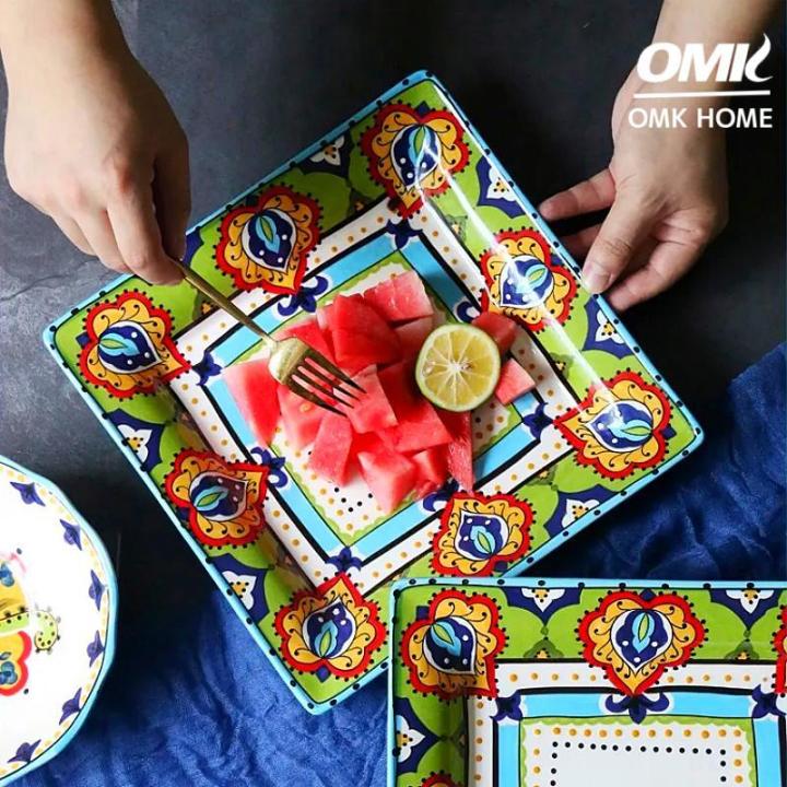 OMK Green Luca Series Ceramic square Dinner Plates inch and
