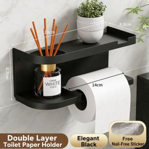 No Drill Toilet Paper Holder Wall Mounted Bathroom Roll Paper Towel Rack Bathroom Storage Organizer