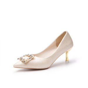 LADYSFSV Korean 2 inches Pointed toe Wedding shoes High-end Beige High Heels Bridal Shoes Rhinestone Heels for Women