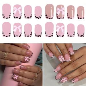 48Pcs French Tip Square Faux Nail with 3D Bows Glossy Pink Leopard Print Easy DIY Press On Nail for Party and Daily Wear