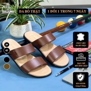 Dép Quai Ngang Nam Da Bò Thật Đế Đúc Nguyên Khối Màu Be Hàng Cao Cấp Full Bill Box