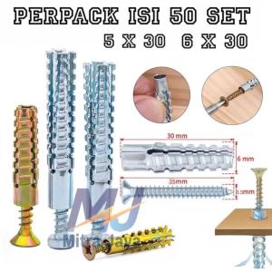 Per Pack Isi 50 Set Angkur Baut Tembok 5x30mm 6x30mm Expansion Anchor Skrup Dinding Kuat Untuk Pengait Rak & Penyekrup Di Beton/Bata