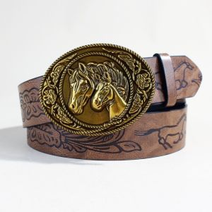 MAKERVY Horse Buckle Western Cowboy Belt Trendy Brand Luxury Design Embossed Belt Fashion Carved Waistband For Women Man