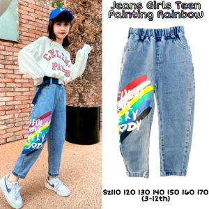CELANA JEANS ANAK REMAJA PEREMPUAN KOREAN STYLE PAINTING RAINBOW RIPPED CLAW