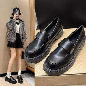 รองเท้าโลฟเฟอร์สำหรับผู้หญิงสีดำ รองเท้าหนังผู้หญิงหัวกลม สไตล์วิทยาลัย สวมใส่สบาย
