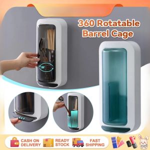 360 Rotatable Barrel Cage Punch-Free Wall Hanging Chopsticks Spoon and Fork Organizer with Cover Light Racks Toothbrush Hangable