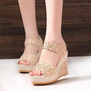 Free Shipping Summer New Wedge Heel Peep-Toe Sandals For Women Casual Platform Thick-Soled High-Heeled Shoes With Velcro Closure