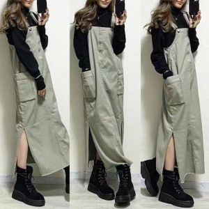 Spot Goods   Cross-Border Foreign Trade Japanese and Korean New Suspender Skirt Loose Casual with Big Pockets Split Mid-Length Suspender Dress ㏇L0514