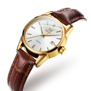OLEVS 6898 Fashion Women Quartz Watch Gift Round-dial Genuine Leather Watchband Wristwatch Calendar Luminous