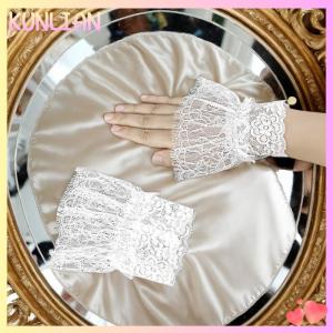 [KUNLIAN] Women Arm Sleeves With Short Tassels White And Black Pleated Cuff Beautiful Lace Accessories Outdoor Embellishments