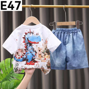Cotton Terno for Kids Boy basic white dinosaur denim short 1-5yrs old E47