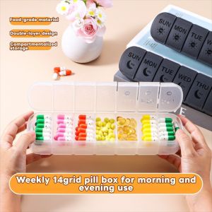 WENTIVV 7 Days Weekly Pillbox Tablet Holder 14 Grid Double-Layer Medicine Splitter Box Lightweight Pill Dispenser Pill Storage Box for Travel