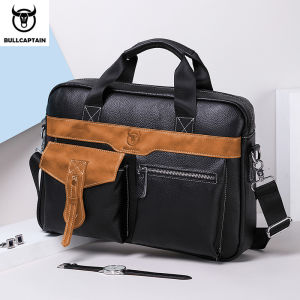 BULLCAPTAIN High Quality Leather Mens Briefcase Business Casual Organizer 14.7" Laptop Bag Multifunctional One Shoulder Messenger Office Bag