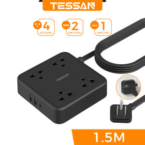 TESSAN 1.5 - 7.6 meter Flat Plug Extension Cord Surge Protector Heavy Duty Power Strip Extension Outlets 8AC Outlets 2 USB Ports 1 Type C Charger
