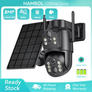 Hamrol 8MP 4K Dual Lens Dual Screen  AOV PTZ WIFI Solar Panel Low-Power Camera Outdoor Mobile Phone Remote  CCTV