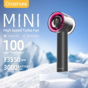 Orashare HF04 High Speed Handheld Jet FanMini Fan Rechargeable Strong Wind 100 Gear Wind Speed Digital Display Adjustable Turbo Fan With Portable Lanyard