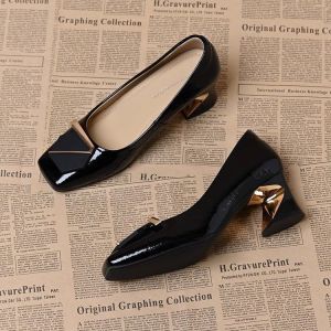 [Free Shipping] 2026 New Spring And Autumn Collection: Women’S Mid-Heel Shoes Soft Leather Chunky Heel Patent Leather Shallow-Toe High-Heeled Leather Shoes Square-Toe Loafers