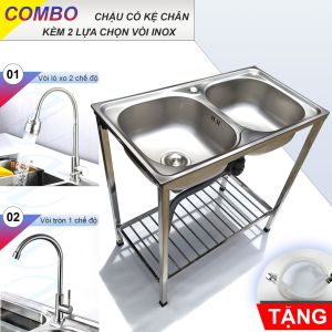 Chậu Rửa Chén Bát 2 Hộc Đôi 78x43 Có Chân Cao 81cm Kèm Vòi Inox Nước Lạnh - Bộ có vòi Tặng phụ kiện