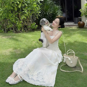 Set nàng thơ đi biển set tiểu thư dịu dàng Ren Quảng Châu áo 2 dây mix chân váy dài xoè Ren có lót xinh