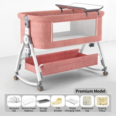 Rocking Baby Cot with Storage | Adjustable Cradle Bed with Wheels | Newborn Bassinet 0–3Y