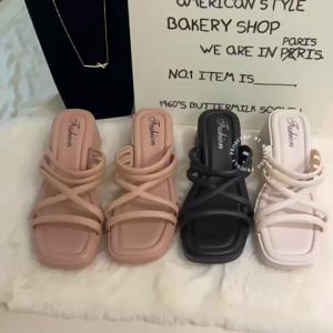 [Free Shipping] Womens Summer New High-Heeled Thick-Soled Sandals Simple Solid Color Slip-Ons Non-Slip Fashionable and Versatile