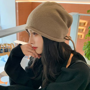Fashion Drawstring Baggy Slouchy Beanie for Women Autumn Winter Ear Warm Skullies Cap Solid Color Bonnet Girl Kintted Woolen Hat