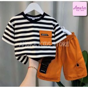 Pakaian Anak Laki-laki Setelan Baju motif Salur Celana Cargo Pendek Anak Laki-laki