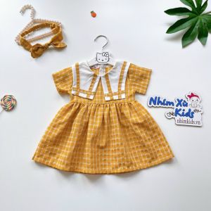 Váy Mẹ Và Bé Caro Vàng 4kg đến 64kg Tay Ngắn Đầm Bé Gái Vải Thô Đũi Siêu Mát V005