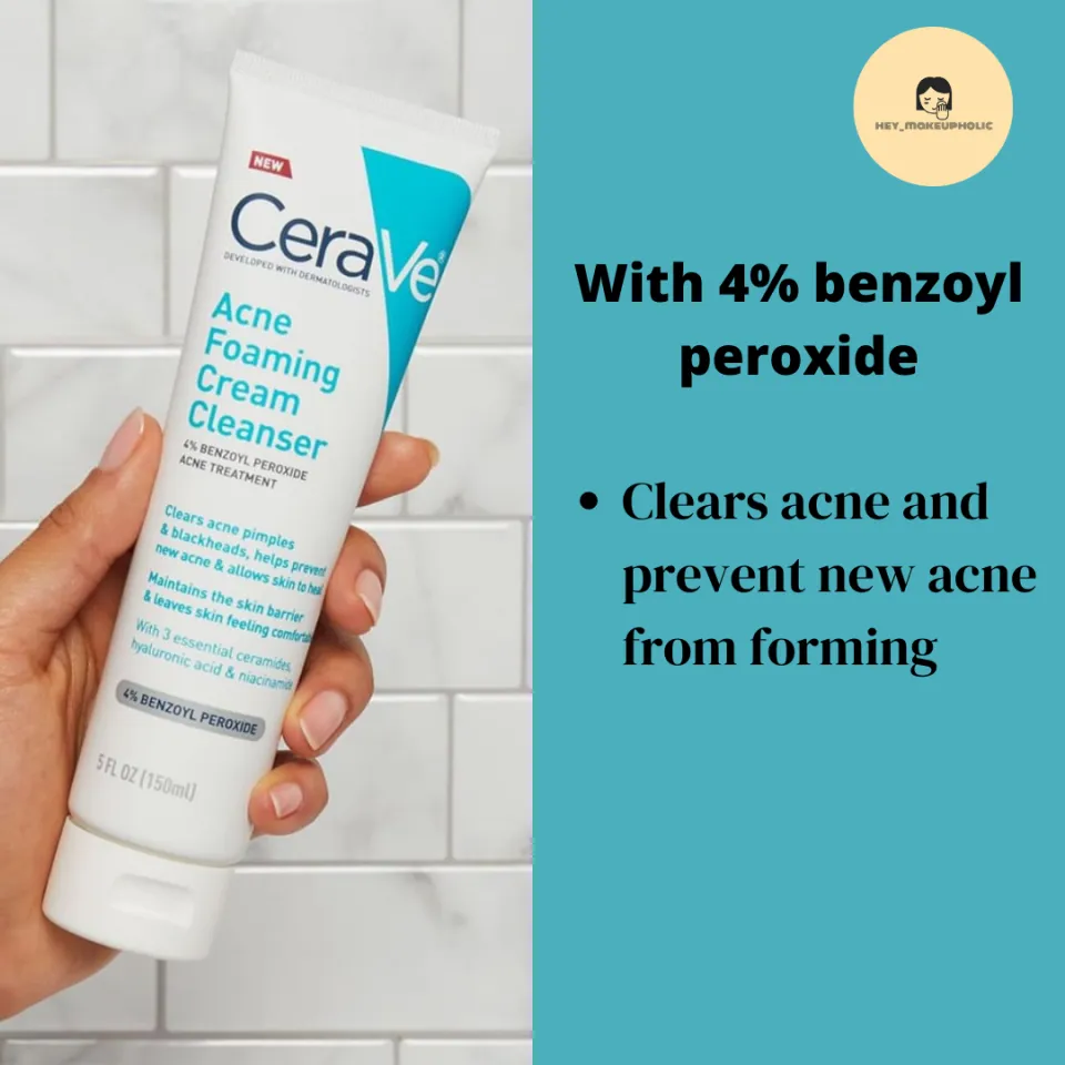 CeraVe Acne Foaming Cream Cleanser with 4% Benzoyl Peroxide, Hyaluronic  Acid, and Niacinamide, Cream to Foam Formula