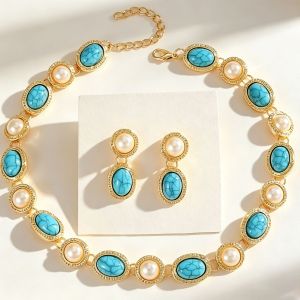 Medieval vintage Blue-green diamond-embellished geometric oval earrings and necklace light luxury niche collarbone chain vintage jewelry set