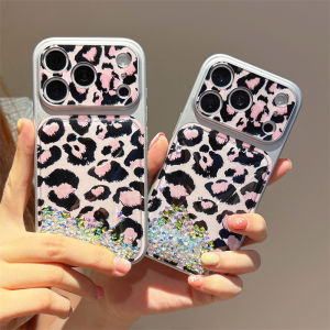 Glitter Quicksand Leopard Phone Case for iPhone 15 16 17 Pro Max Dynamic Liquid Soft BackCover Camera Lens Protective Funda Hull