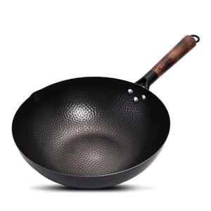 Fypo 32cm Pure Iron Wok cooking pot with wooden Handle Chinese Traditional Handmade Frying Wok Non-stick Uncoated Pan Cooking Pot Gas Induction Stove Kitchen Cookware