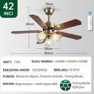 GOGEOUS Lampu kipas angin gantung plafon ruang tamu Gaya retro kipas lampu gantung hias 2in1 3 warna 6 kecepatan 42/48 inci meja makan kamar tidur balkon lampu kipas angin remote