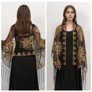 GUDAN ตาข่ายแบบตาข่าย ผ้าคลุมไหล่ปักเลื่อม กลิตเตอร์ โปร่งใสโปร่งใส ผ้าพันคอพู่พู่ แฟชั่นสำหรับผู้หญิง ครีมกันแดดป้องกันแสงแดด ผ้าพันคอเดรสงานกลางคืน ผู้หญิง/เด็กผู้หญิง