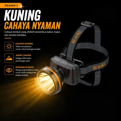 AOKI Senter kepala Selam Waterproof IP68 – 3 Mode Cahaya Baterai 2000mAh LED 900LM Headlamp