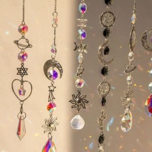 GOOD MOOD BEAUTY 1pcs ดาวเคราะห์ จี้ระฆังลม หัวใจ ดวงจันทร์ ดาว ตัวจับแสงอาทิตย์ ใหม่ คริสตัล จี้จับฝัน ของตกแต่งบ้านสวน