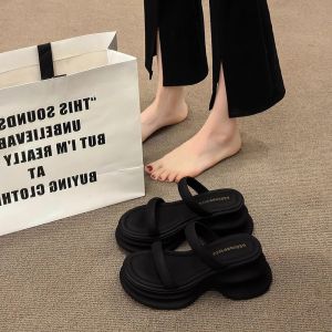 WomenS 2025 Summer New Black Lightweight Thick-Soled Chunky Heel Strap Fashionable Outdoor Height-Increasing Sandals